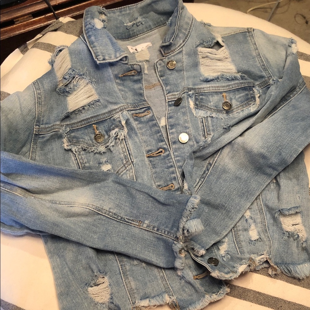 Cello Pale Blue Distressed Denim Jacket
